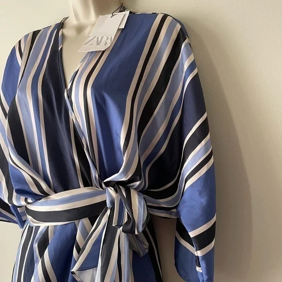Zara Blue & White Striped Satin Wrap Skort Romper Small NWT - Picture 6 of 16